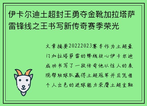 伊卡尔迪土超封王勇夺金靴加拉塔萨雷锋线之王书写新传奇赛季荣光 伊卡尔迪土超封王勇夺金靴加拉塔萨雷锋线之王书写新传奇赛季荣光